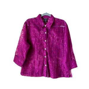 West End Sheer Laser Cut Floral Mesh 3/4 Sleeve Button Down Size L